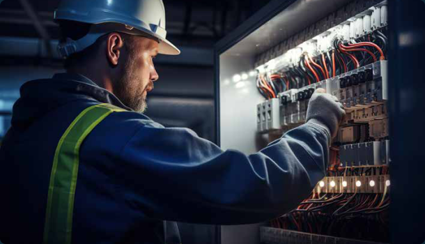 Engineer inspecting an electrical control panel